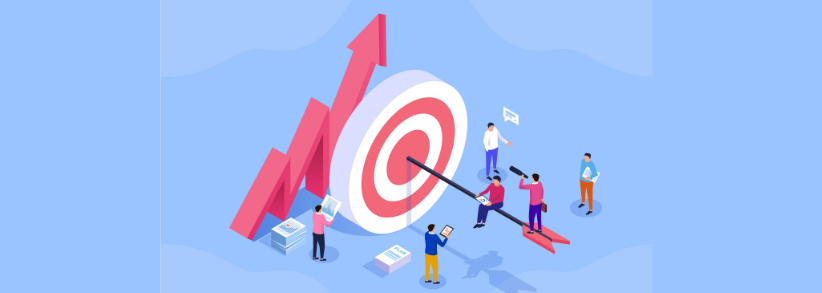 Increase marketing success - target with a bulls eye arrow with animated people sitting on the arrow