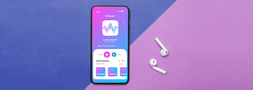 Is Marketing Fun? - Cell phone with podcast on the screen and ear buds below phone