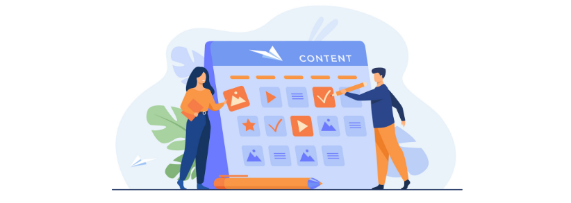 Content marketing trends Content Marketing Trends - Content calendar with two animated people reviewing