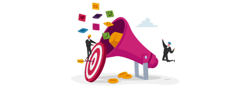 Why is marketing important? Megaphone with 2 cartoon figures and bullseye