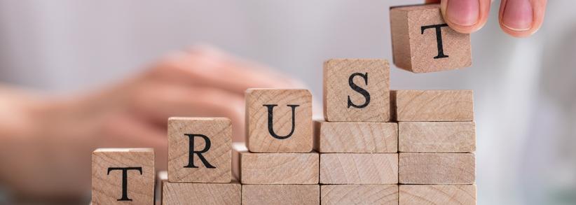 Blocks with the word "Trust" being stacked to represent publicity building credibility