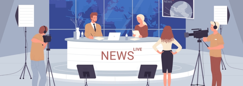 Illustrated news station with cameras and directors