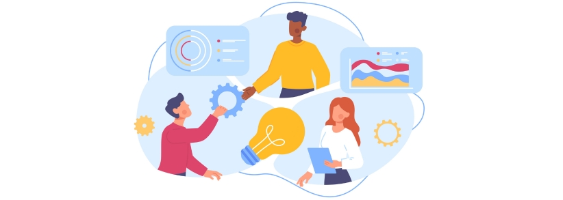 PR, SEO and AI represented as 3 different illustrated people working together